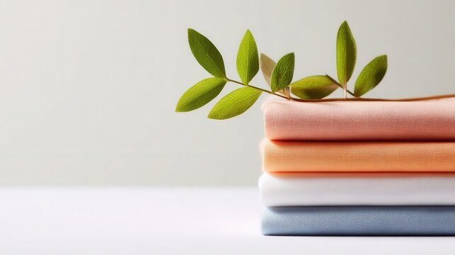 Vibrant Shirt Stack with Green Leaf Accents