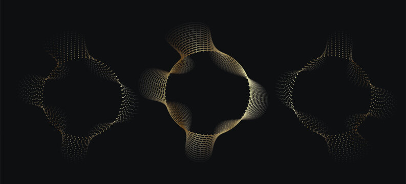 Abstract circle wave lines, gradient light equalizer gold wavy curve. Round frame in luxury golden color isolated on black background. Editable stroke. Vector illustration with copy space