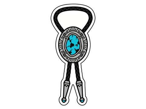 Graphic illustration of a turquoise and silver Native American style bolo tie with a distinctive design on a plain white background.