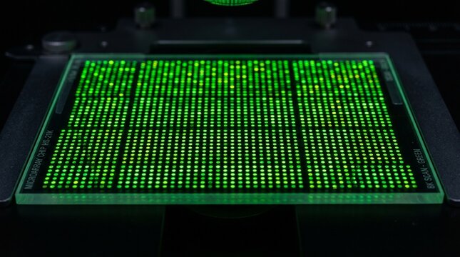 Glowing green microarray chip with hybridized spots in dark laboratory setting