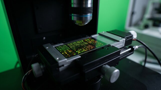 Close-up of glowing microarray chip with hybridized spots in laboratory setting