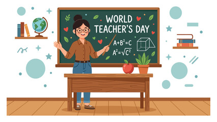 Teacher stands in a classroom in front of a chalkboard during World Teacher's Day. © sajida