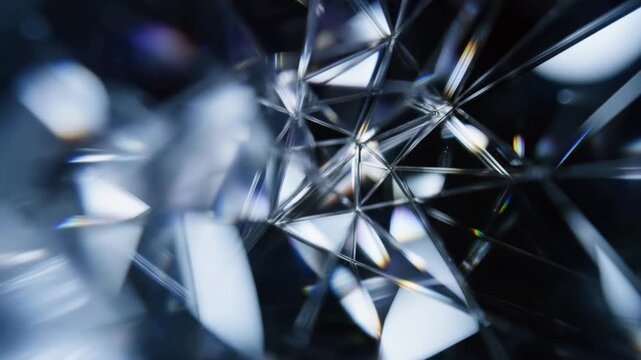 Tracking shot of crystal facets refracting light with subtle slow motion shift in dark studio close up abstract geometric prism composition