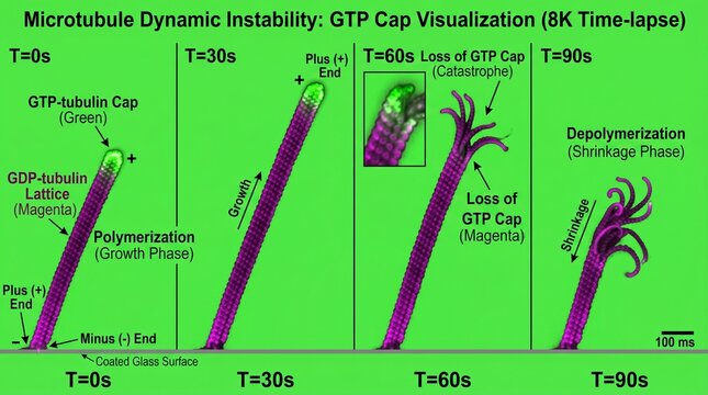 3D Medical Illustration of Microtubule Dynamic Instability in GTP Cap Visualization
