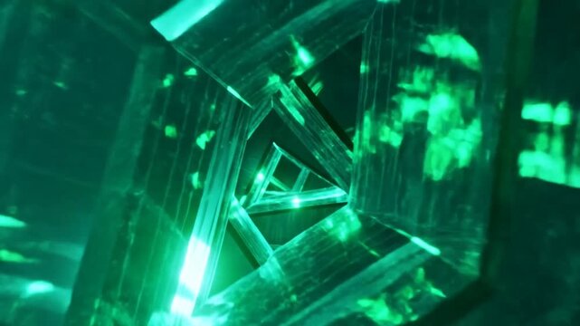Tracking slow dolly shot of emerald crystal prism tunnel rotating and refracting light inside geometric interior chamber