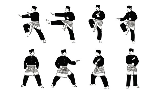 Pencak Silat Martial Arts Stances and Movements Illustration Set
