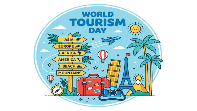 World Tourism Day banner displays travel accessories and a wooden signpost with location labels.