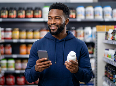 Smiling man checking his smartphone while holding a supplement bottle in a store