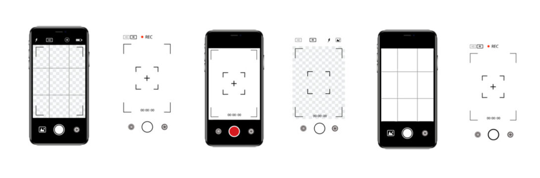 Viewfinder Camera interface in phone screen. Photo, video ui in cellphone. App for record from mobile cam. Grid, focus, button and rec. Smartphone mockup. Vector.