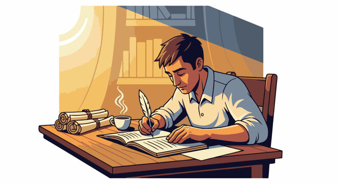 Man writing with quill pen at desk with scrolls and coffee