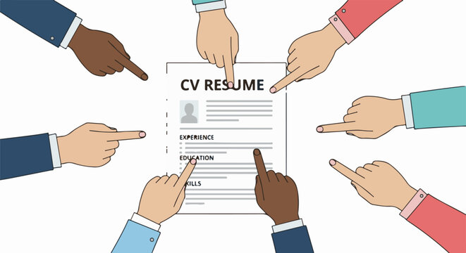 Many fingers point to a resume document with sections for experience and education