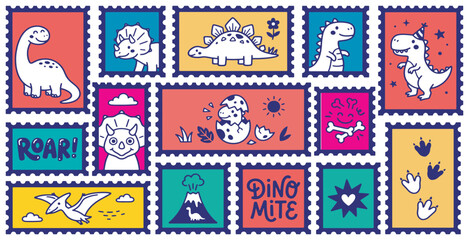 Collection of cute cartoon dinosaur stamps with various designs and colors. © Riki