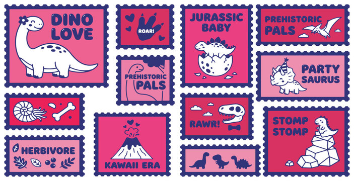 Collection of cute dinosaur-themed postage stamps with fun phrases and illustrations.