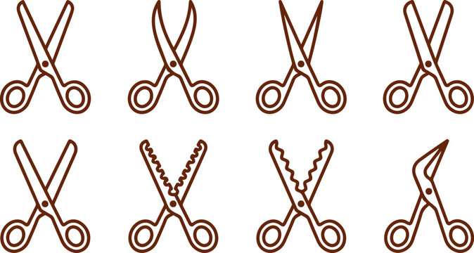 Stylized outline icons of scissors for hairdressing beauty grooming and crafts diverse shapes and designs on transparent background.