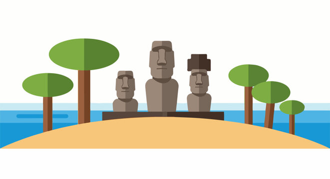 Minimalist depiction of stone monoliths and trees on an island with water