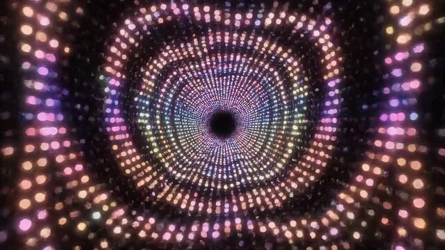 Abstract Rotating Mandala of Colorful Glowing Particles and Bokeh on Black Background