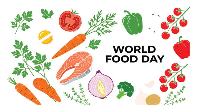 World Food Day illustration displays fresh vegetables and salmon around text.