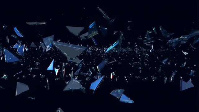 Tracking shot of glass shards exploding and scattering forward through dark void against black background in studio