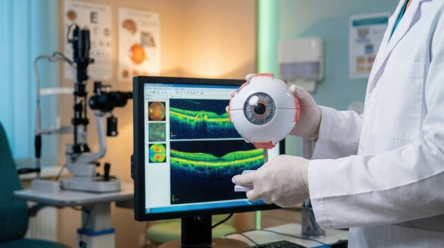 Ophthalmologist demonstrates eye anatomy and OCT scan results on monitor