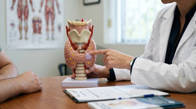 Doctor explains thyroid anatomy model to patient during medical consultation