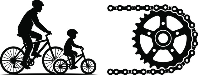 Obraz premium Cyclical Gear Icon with Bicycle Silhouette and Cyclist Rider, Flat Vector Illustration with Minimal Black Graphic Accents