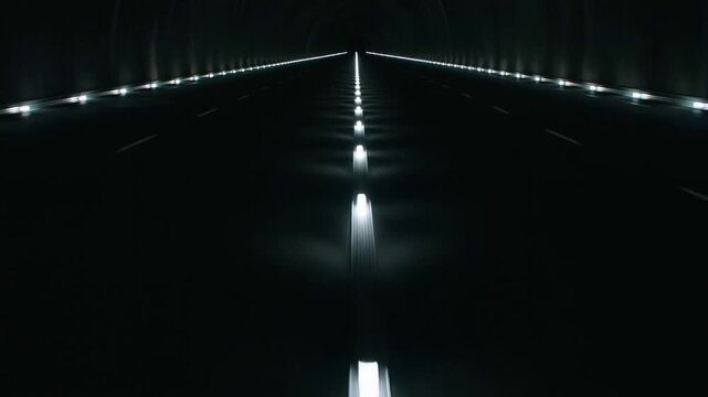 Tracking shot of illuminated road reflectors approaching vanishing point on dark highway tunnel interior at night with steady forward movement