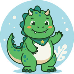Fototapeta premium A cute cartoon dinosaur wearing a bandana waves happily in a winter scene.