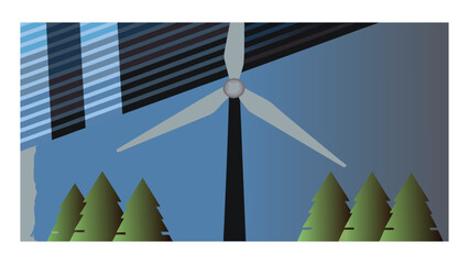 Wind turbine stands between rows of green pine trees against a dark blue sky. © sajida