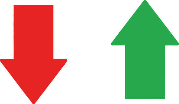 Red down arrow and green up arrow icons representing opposite directions and financial trends