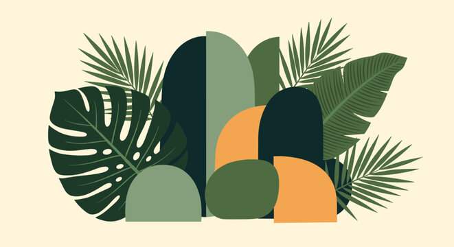 Abstract tropical composition featuring green monstera and palm leaves combined with geometric arches in earthy and dark tones.