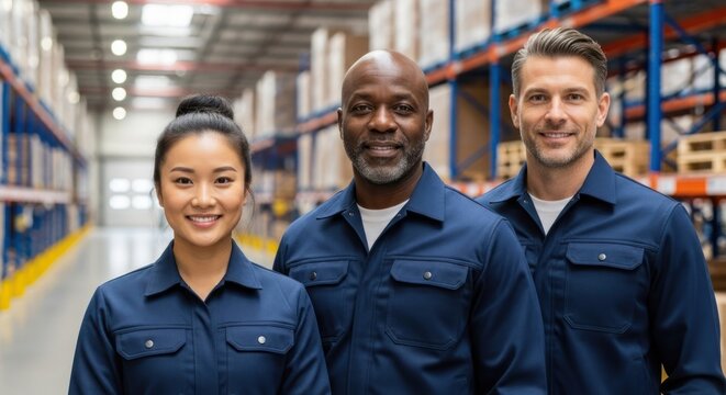 Three warehouse workers in uniform standing in a large warehouse.