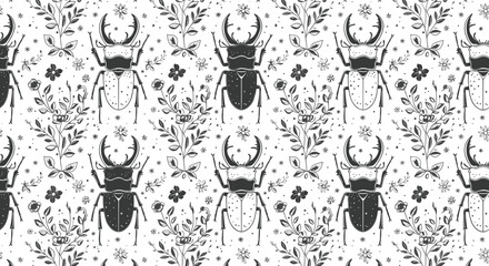 Fototapeta premium Detailed black and white seamless pattern showcases large stag beetles arranged among delicate wildflowers and leaves in a vintage botanical style.