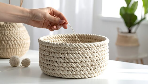 Skilled hands meticulously crafting a beautiful, round coiled rope basket on a white table, highlighting the mindful process of handmade home decor and sustainable DIY hobbies