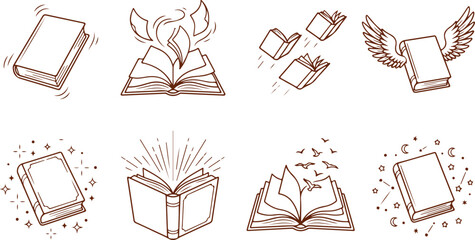 Book icons with open closed and flying designs symbolizing knowledge education and imagination on transparent background. © Sadhin