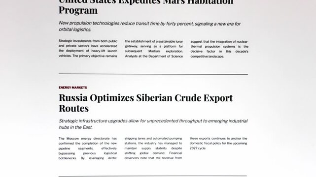 Digital news feed interface scrolling through articles.