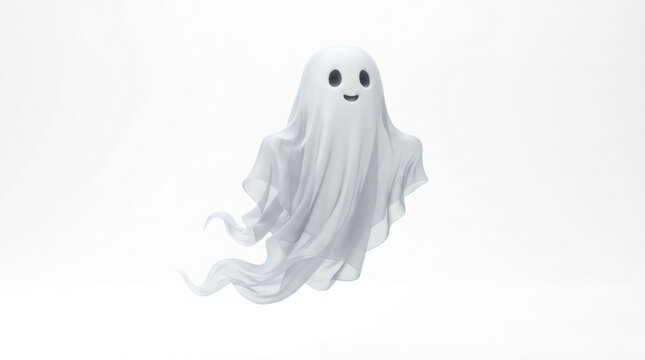 Cute cartoon ghost character floating on white background