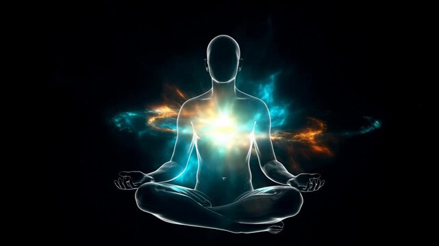 Slow zoom of glowing humanoid meditating while emitting radiant chest energy in dark cosmic void with swirling blue and orange aura