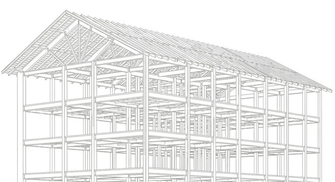 A 3D architectural illustration showing the blueprint plan and exterior construction design structure of a modern residential home project based on an architect drawing sketch