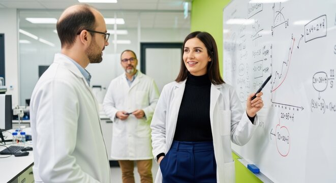 Two scientists discussing equations on a whiteboard in a laboratory.