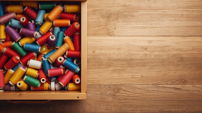 Colorful sewing thread spools in wooden box on natural wood table with copy space for crafts and hobby concept