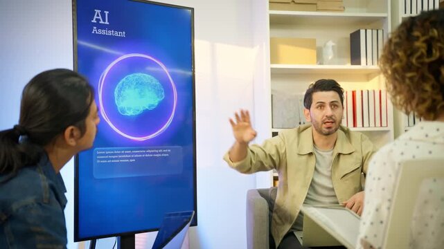 AI engineer holding tablet presents virtual assistant software demo to colleagues on vertical display screen. Concept of AI product launch, business presentation team training in modern startup office