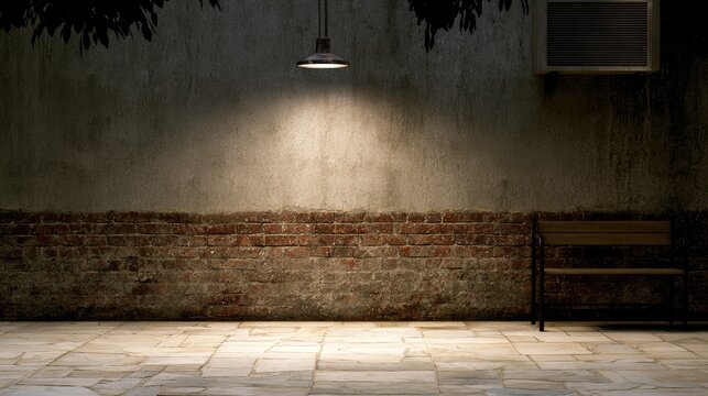 Old brick wall, single light, empty bench