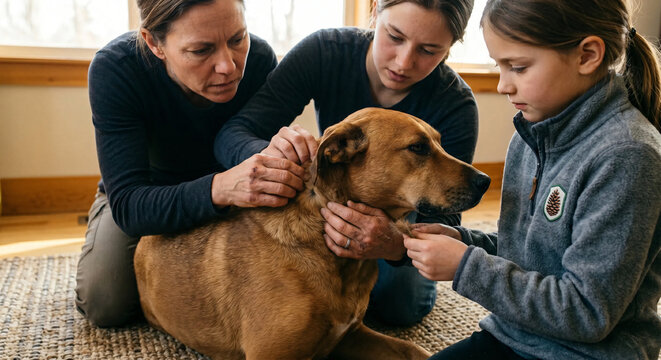 Concerned family checking their dog's fur and skin for ticks or fleas at home on the floor