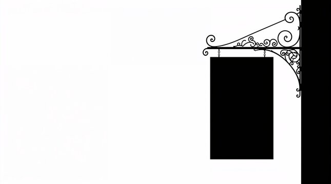 Ornate vintage wrought iron signboard bracket silhouette with decorative scrollwork on white background