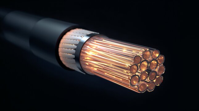 Cross section of copper cable with glowing wire strands on dark background infrastructure concept