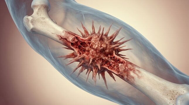 Dramatic medical illustration of severe bone infection, osteosarcoma, or bone cancer with spikey growth. Generative AI.