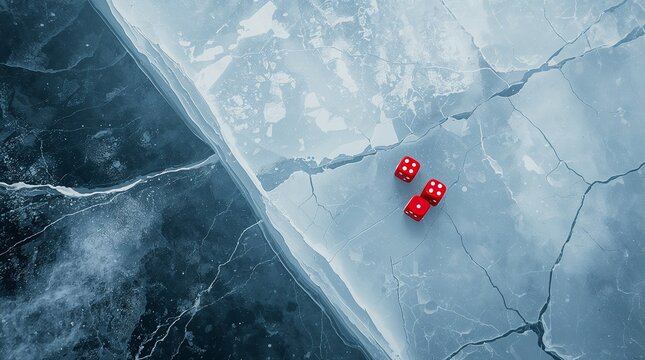 Red dice on cracked ice surface natural winter texture risk concept