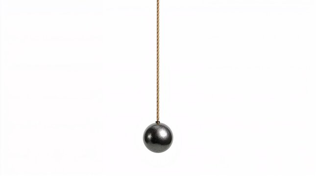 Heavy iron wrecking ball suspended on single rope demolition concept