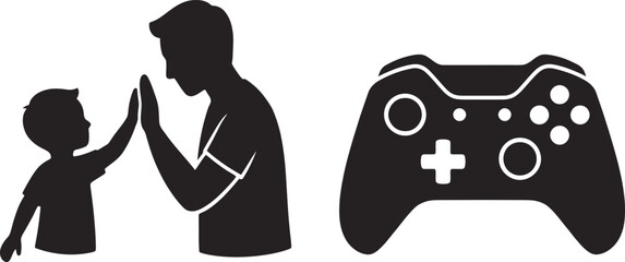 Game Controller with Silhouettes of Adult and Child High-Fiving Featuring Gaming, Video Games, Family with Bonding and Play Elements © Hridoy