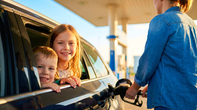 Two children smile from inside a car at a gas station. An adult refills the car with fuel. It is evening and the sun is low in the sky